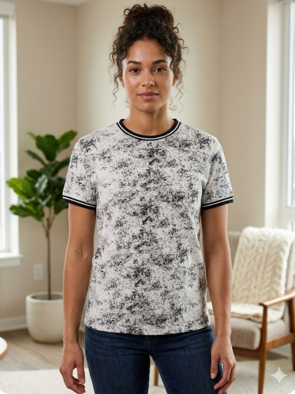 FIVE POINT INDUSTRY Paint Splatter Print T-Shirt, Women’s Large, Black White